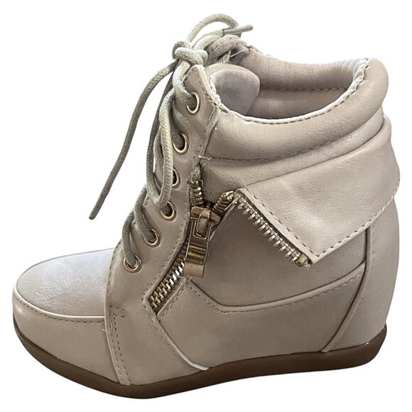 Lucky Top Kids Girls Leatherette Lace-Up High Top Hidden Wedge Beige Sneakers - Picture 6 of 8